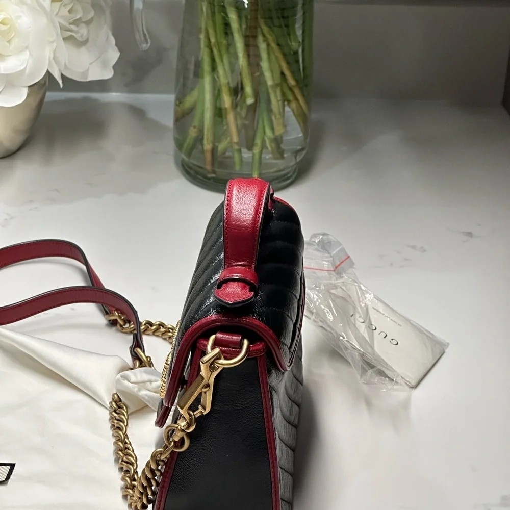 Gucci Marmont Black Quilted Leather Top Handle Satchel Shoulder Bag Red Trim